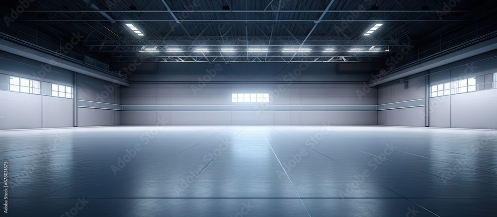 Empty exhibition hall with exhibition stands parking trade show activity meeting arena for entertainment indoor factory showroom 3D render Copy space image Place for adding text or design - obrazy, fototapety, plakaty 