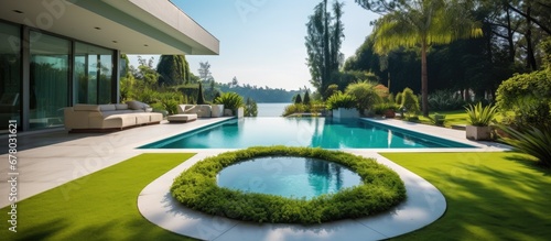 Expansive indoor villa pool and artificial green turf Copy space image Place for adding text or design