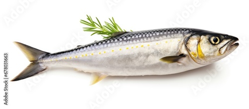 Fresh seafood mackerel fish with lemon and rosemary isolated on white background with clipping path Copy space image Place for adding text or design