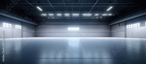 Empty exhibition hall with exhibition stands parking trade show activity meeting arena for entertainment indoor factory showroom 3D render Copy space image Place for adding text or design photo