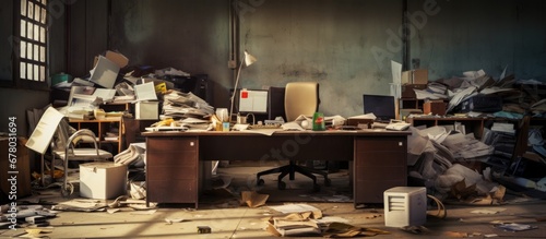 Deserted office post company closure dusty cluttered desk representing financial crisis Copy space image Place for adding text or design photo