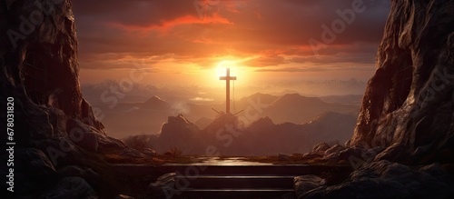 Empty tomb at sunrise following crucifixion Copy space image Place for adding text or design