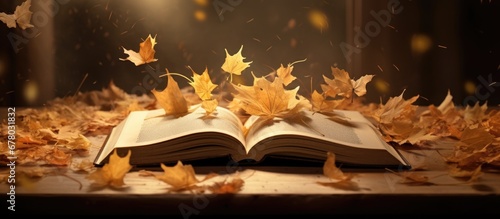 Fall ambiance browsing pages of a book surrounded by maple leaves and dried foliage in a rustic envelope Copy space image Place for adding text or design