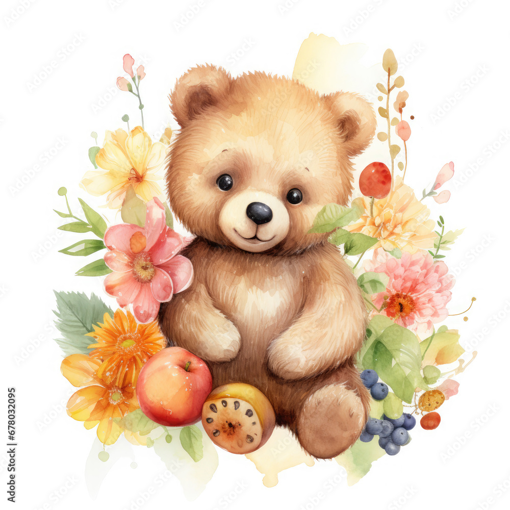 Bear flower and fruits Illustration, Generative Ai Bear flower and fruits Illustration, Generative Ai