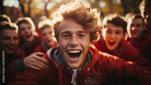 Close up portrait of a group of young football fans at the stadium