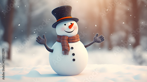 snowman on the snow, Cheerful smiling snowman in a hat and scarf Christmas illustration © Microtech