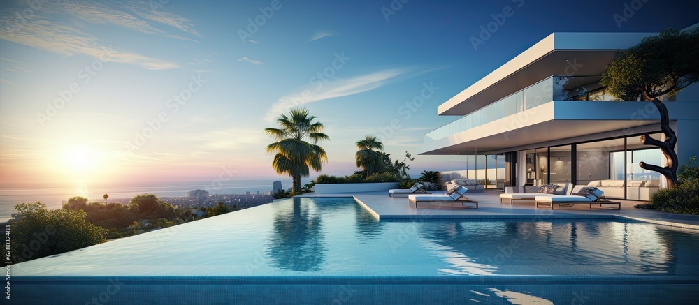 Early morning 3d render of a luxurious villa with a stunning infinity pool Copy space image Place for adding text or design