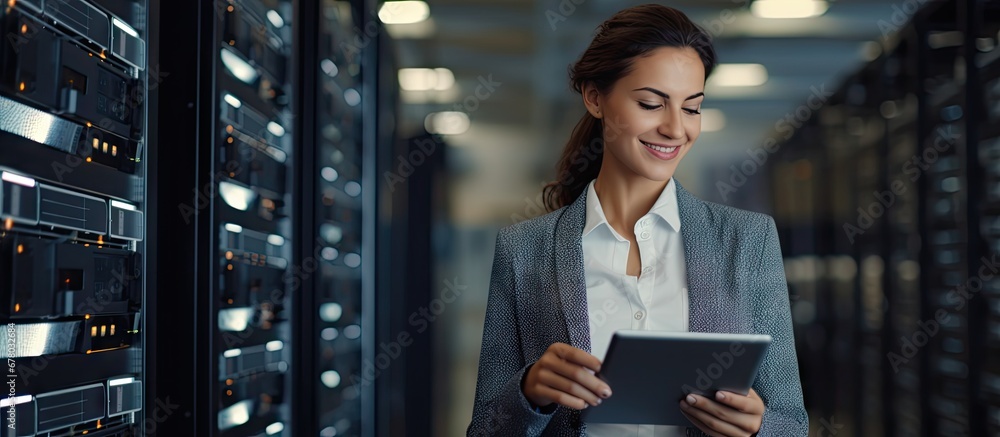 Female e business entrepreneur enjoys using a tablet while IT engineer and system administrator work in a cloud server farm Copy space image Place for adding text or design - obrazy, fototapety, plakaty 