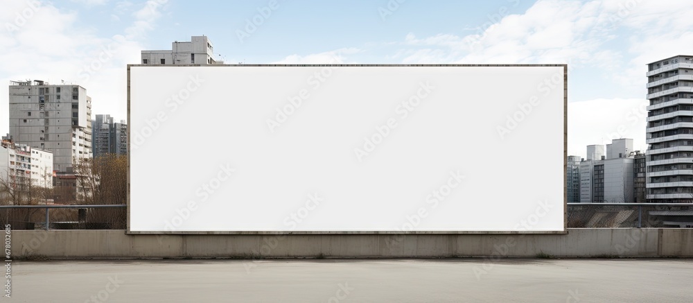 Fototapeta premium Construction site fence with a blank white banner for advertising Copy space image Place for adding text or design