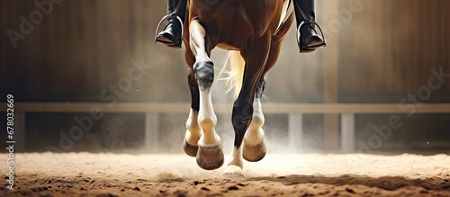 Dressage sport Training a horse with a rider in the arena Copy space image Place for adding text or design