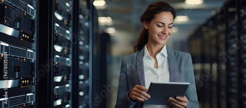 Female e business entrepreneur enjoys using a tablet while IT engineer and system administrator work in a cloud server farm Copy space image Place for adding text or design