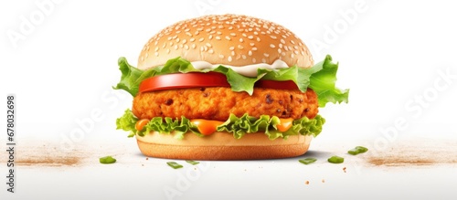 Delicious veggie burger with carrot patty on a plain backdrop Copy space image Place for adding text or design