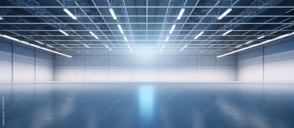 Empty exhibition hall with exhibition stands parking trade show activity meeting arena for entertainment indoor factory showroom 3D render Copy space image Place for adding text or design - obrazy, fototapety, plakaty 