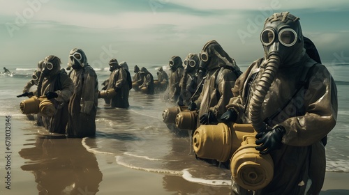 Environmental Protest: People in Hazard Suits Rally Against Nuclear Contamination in the Sea. Activism for Ocean Safety and Anti-Nuclear Advocacy Concept photo