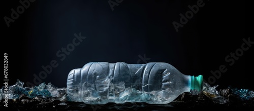 Discarded plastic bottle on dark backdrop Copy space image Place for adding text or design