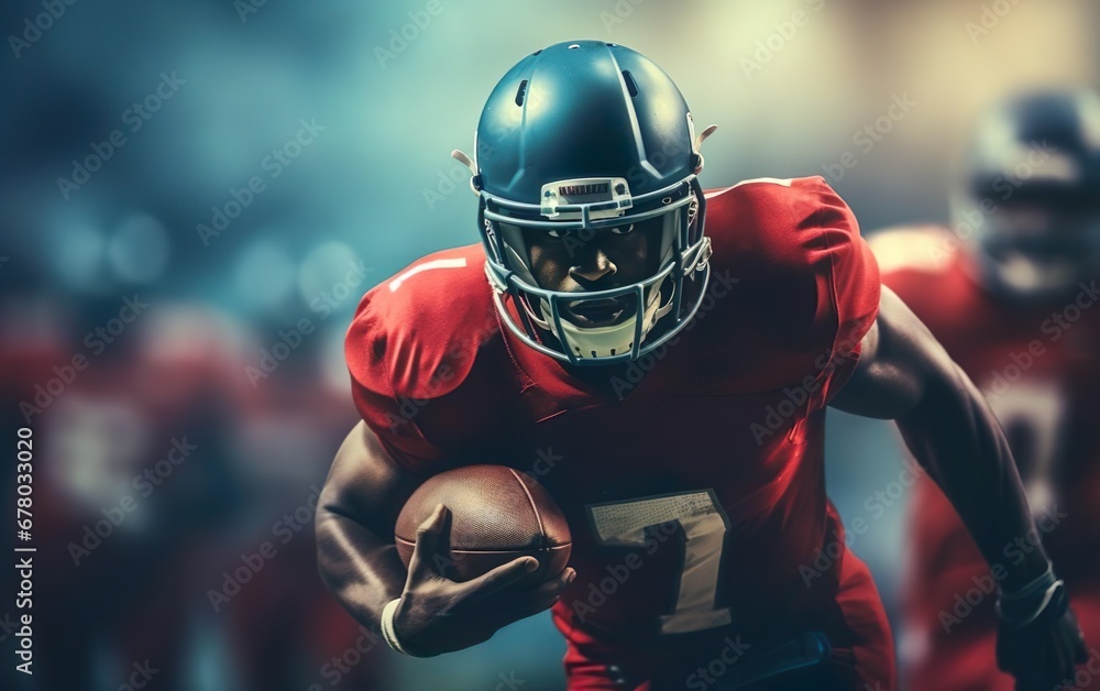 Super bowl poster. Traditional American football player in blue helmet, red sport uniform running through the stadium holding a rugby ball. Blurred background with people, de focus. AI Generative