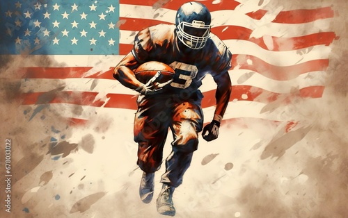Super bowl graphic poster. American sports football player in blue helmet and red sport uniform running holding a rugby ball with american style flag at the background. Motion, speed. AI Generative