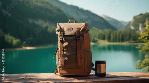 Camping backpacks on lake. Concept of travel, vacation, active tourism, hiking, outdoor adventure. Nature background of amazing view with blue lake, mountains. photo