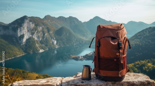 Camping backpacks on lake. Concept of travel, vacation, active tourism, hiking, outdoor adventure. Nature background of amazing view with blue lake, mountains.