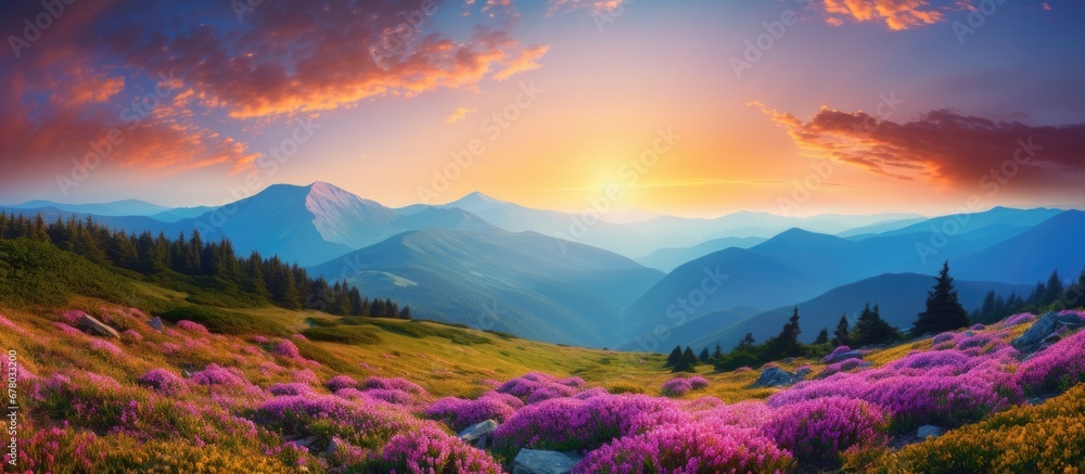 Colorful Carpathian mountains landscapes in Ukraine Europe featuring a lawn with pink rhododendron flowers and a beautiful summer sunset Copy space image Place for adding text or design - obrazy, fototapety, plakaty 