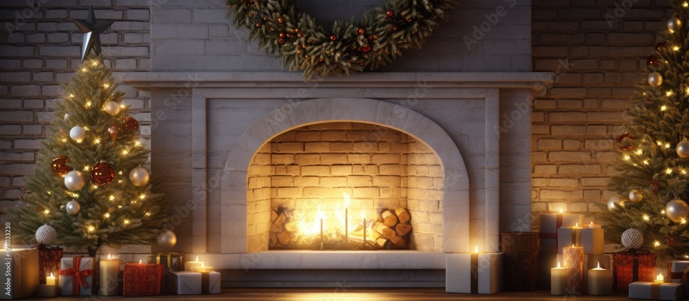 Festive winter home with holiday decorations and cozy ambiance Copy space image Place for adding text or design Festive winter home with holiday decorations and cozy ambiance Copy space image Place for adding text or design
