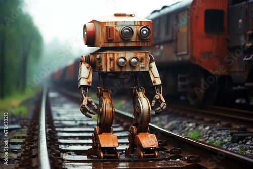 1970 sci-fi Old rusty robot on the railway tracks or cargo train background 