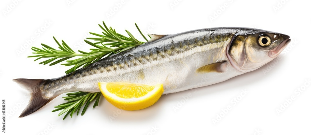 Fresh seafood mackerel fish with lemon and rosemary isolated on white background with clipping path Copy space image Place for adding text or design Fresh seafood mackerel fish with lemon and rosemary isolated on white background with clipping path Copy space image Place for adding text or design