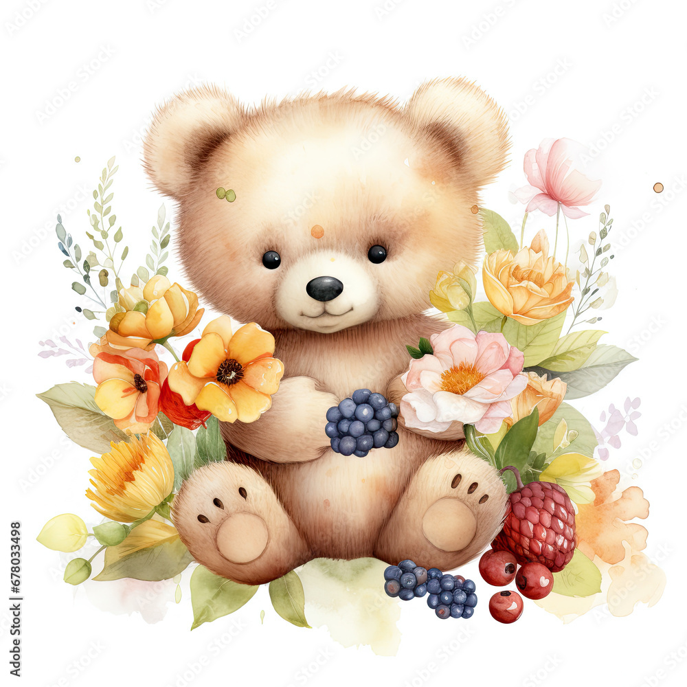 Bear flower and fruits Illustration, Generative Ai Bear flower and fruits Illustration, Generative Ai