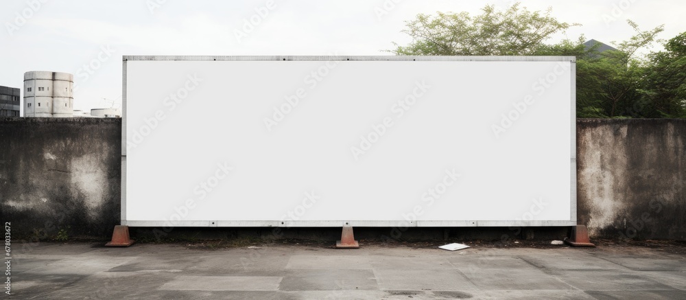 Construction site fence with a blank white banner for advertising Copy space image Place for adding text or design - obrazy, fototapety, plakaty 
