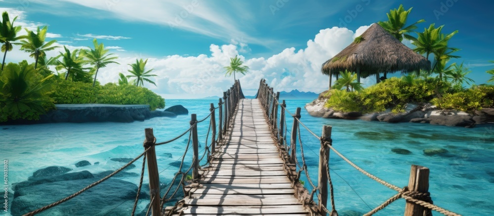 Exotic scenery of a bamboo bridge hanging over the sea leading to a remote desert island offering a beautiful tropical landscape and a way to experience wild nature vacations through adventure - obrazy, fototapety, plakaty 