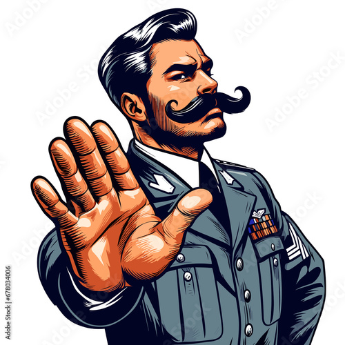 Retro Pop Art Illustration of Naval Officer in Uniform Holding out his Hand in No Thank You Gesture photo