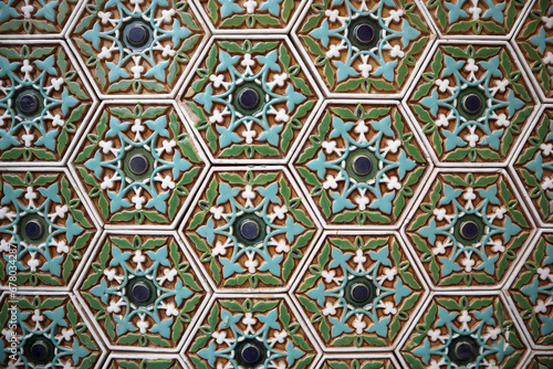 Traditional Uzbek pattern on ceramic tiles on the wall.