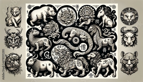 a vintage etching style tattoo depicting the 12 Chinese zodiac animals in an intricate, classic engraving design