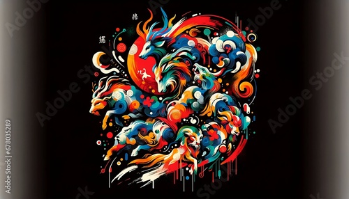 a modern abstract expressionist tattoo with the 12 Chinese zodiac animals represented in a vibrant, abstract composition with bold brushstrokes