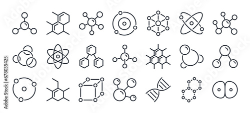 Molecule, cell, atom, protein editable stroke outline icons set isolated on white background flat vector illustration. Pixel perfect. 64 x 64.