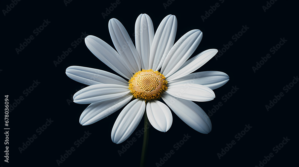 A detailed oil-painted white daisy, with delicate petals unfolding against a dark blue velvet background, evoking a sense of peace, purity, and gentle innocence