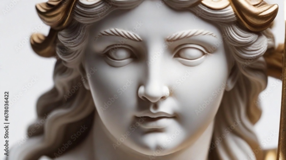 close-up portrait of the statue of the goddess of justice on a white background, AI generated, background image