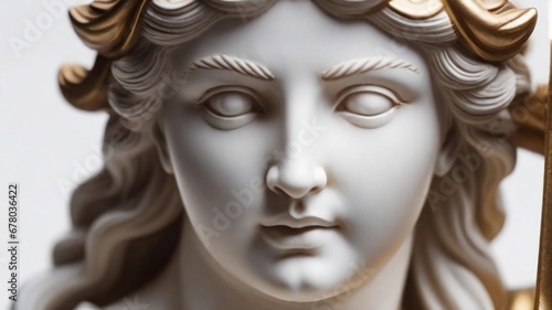 close-up portrait of the statue of the goddess of justice on a white background, AI generated, background image