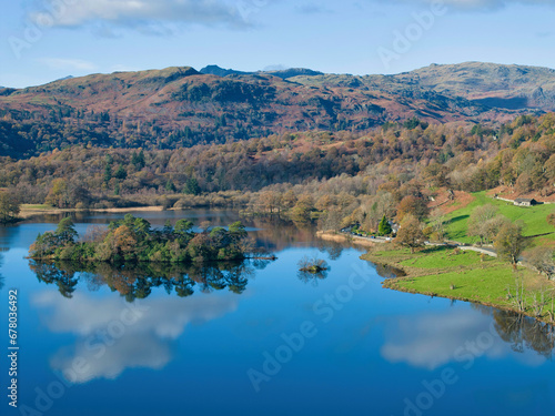 Aerial image of Rydal water lake in the lake district national park, United kingdom on a beautiful autumn day. 