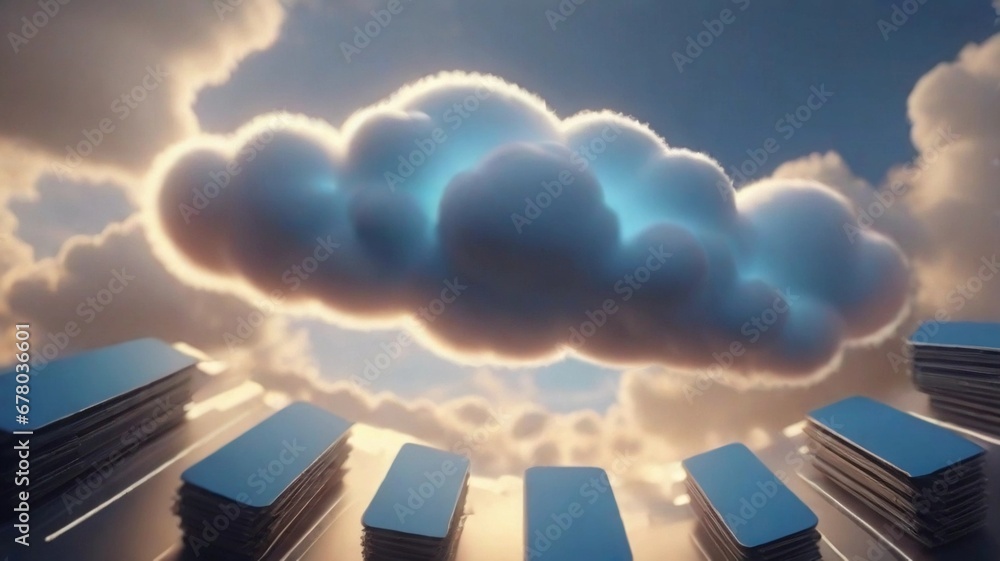 Illustrate the infrastructure of cloud computing, with symbolic clouds, servers, and data transfer visuals, AI generated, background image