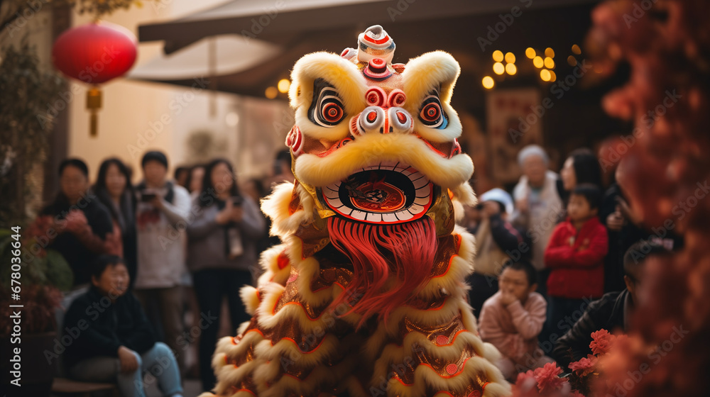 Lion dance during Chinese New Year celebration.