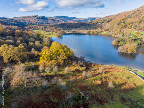 Aerial image of Rydal water lake in the lake district national park  United kingdom on a beautiful autumn day. 