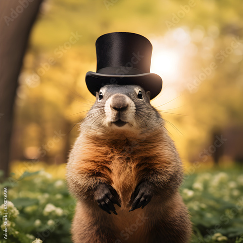 Groundhog wearing a top hat. A Groundhog Day concept. Generative ai.  photo