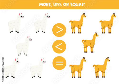 Grater, less or equal with cartoon llama and alpaca.