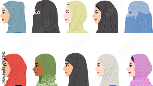 Profiles of Muslim women.Clothes such as hijab, chador, burqa, niqab.