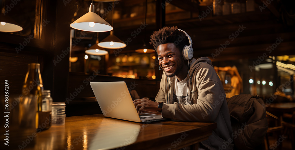 Happy ethnic guy in headphones smiling and writing in notebook while sitting at table Happy ethnic guy in headphones smiling and writing in notebook while sitting at table