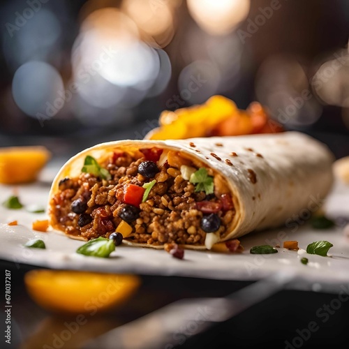 AI generated illustration of a plate of mexican food, featuring a large burrito filled with potatoes