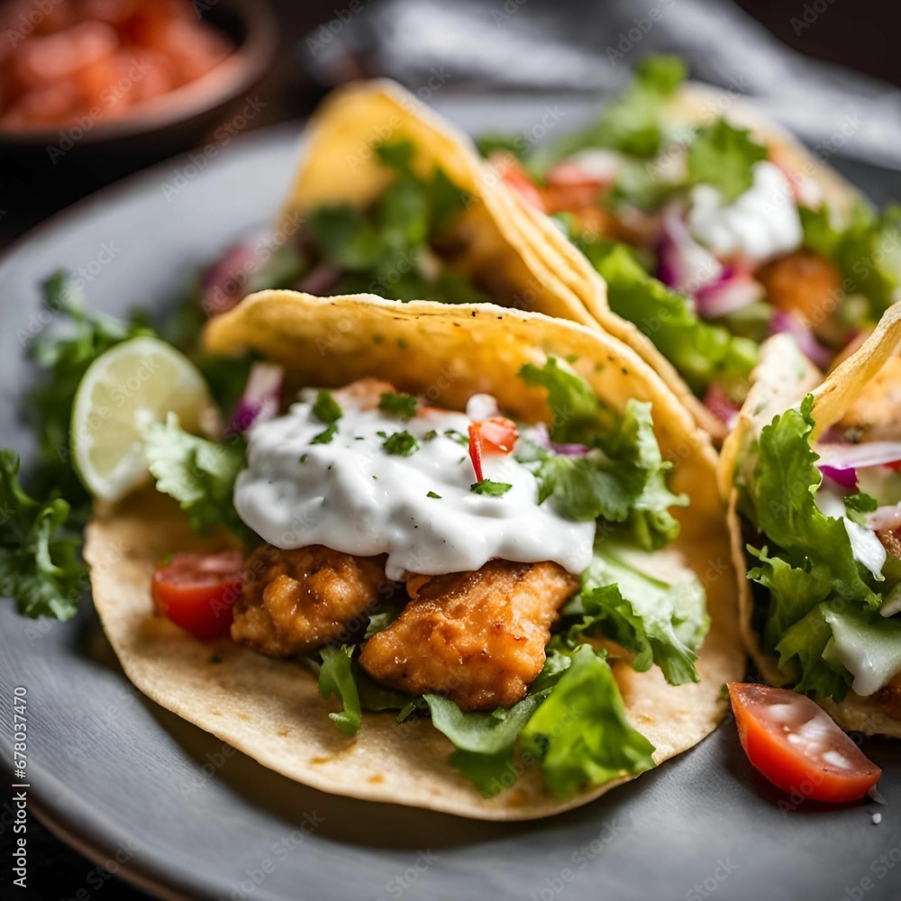 AI generated illustration of a plate with two tacos, each topped with a dollop of sour cream AI generated illustration of a plate with two tacos, each topped with a dollop of sour cream
