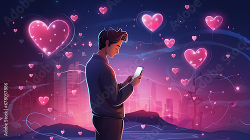 Love in the Digital Era: Embracing Virtual Connections, Video Calls, and Tech-Savvy Romance in a World of Long-Distance Relationships and Global Togetherness through Emoji Hearts, AI Generation photo
