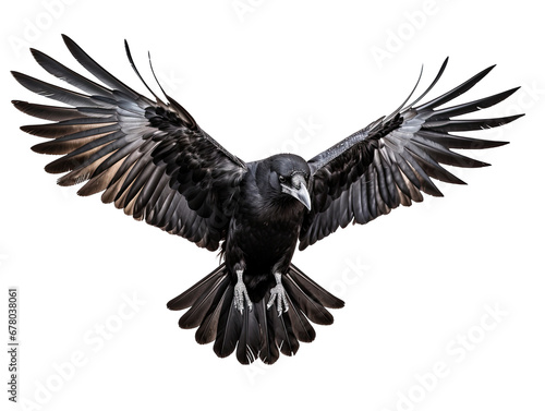 Raven Soaring with Fully Extended Wings Isolated on Transparent or White Background, PNG